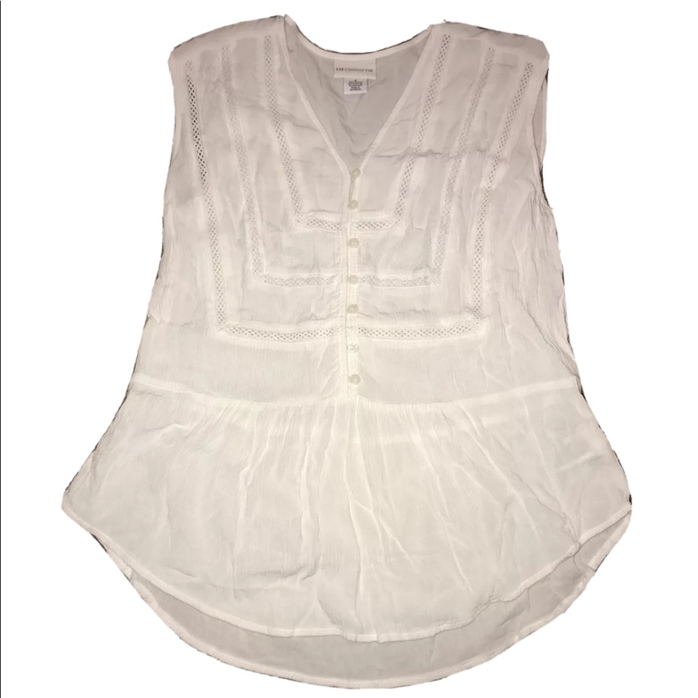Liz Claiborne white cut out button flare hem top.